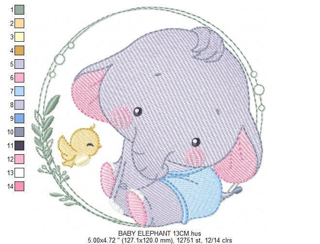 Baby Elephant with frame embroidery designs - Safari wild animal with bird machine embroidery pattern - Baby Boy file - Instant download pes