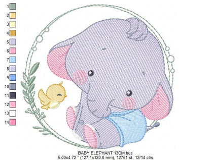 Baby Elephant with frame embroidery designs - Safari wild animal with bird machine embroidery pattern - Baby Boy file - Instant download pes