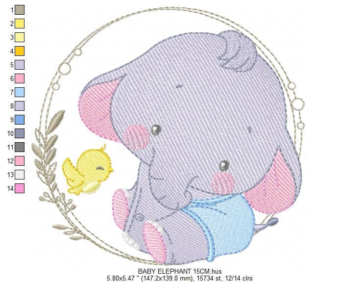 Baby Elephant with frame embroidery designs - Safari wild animal with bird machine embroidery pattern - Baby Boy file - Instant download pes