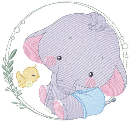Baby Elephant with frame embroidery designs - Safari wild animal with bird machine embroidery pattern - Baby Boy file - Instant download pes