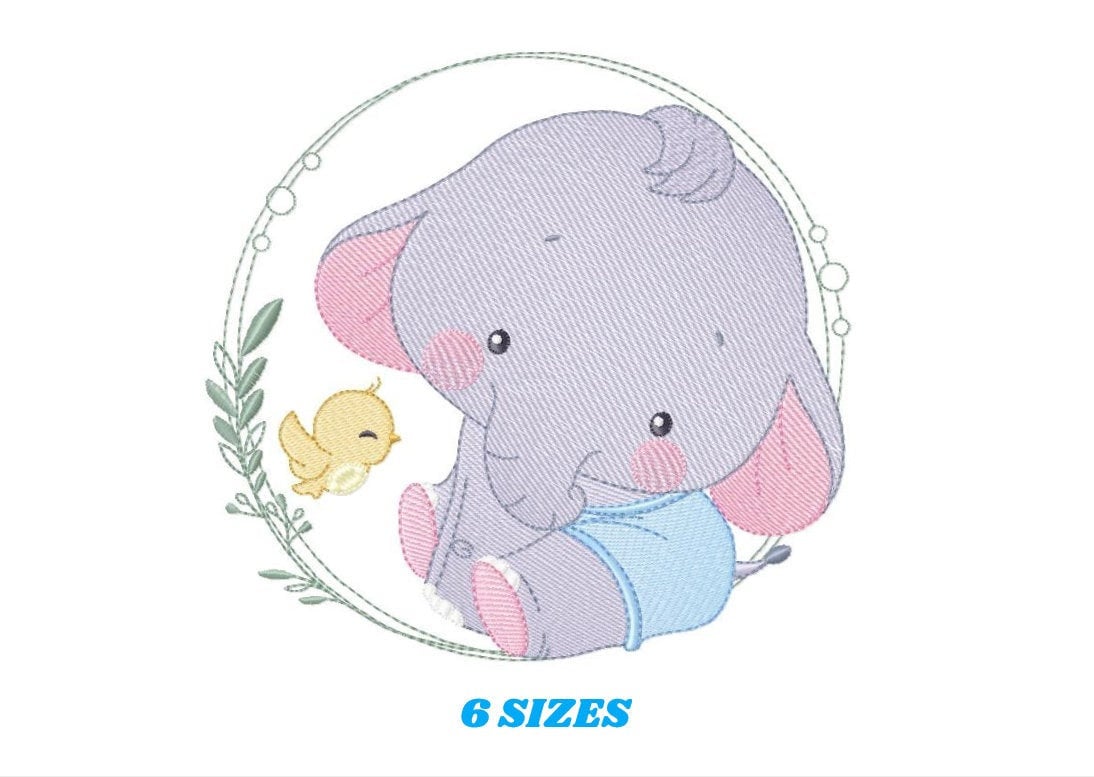 Baby Elephant with frame embroidery designs - Safari wild animal with bird machine embroidery pattern - Baby Boy file - Instant download pes