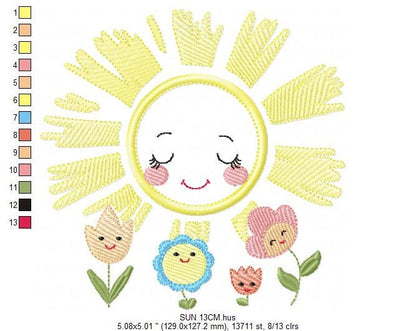 Sun with flowers embroidery design - Sun embroidery designs machine embroidery pattern - baby embroidery file - Sun applique design digital