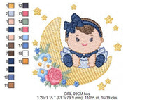 Charger l&#39;image dans la galerie, Baby girl with lace embroidery design - Girl with moon embroidery designs machine embroidery pattern - Moon with flowers embroidery file pes
