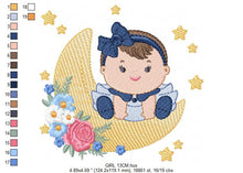 Charger l&#39;image dans la galerie, Baby girl with lace embroidery design - Girl with moon embroidery designs machine embroidery pattern - Moon with flowers embroidery file pes
