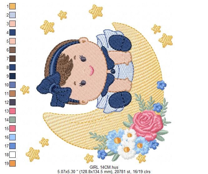 Baby girl with lace embroidery design - Girl with moon embroidery designs machine embroidery pattern - Moon with flowers embroidery file pes