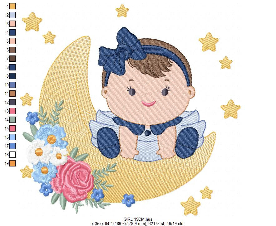 Baby girl with lace embroidery design - Girl with moon embroidery designs machine embroidery pattern - Moon with flowers embroidery file pes