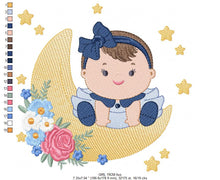 Cargar imagen en el visor de la galería, Baby girl with lace embroidery design - Girl with moon embroidery designs machine embroidery pattern - Moon with flowers embroidery file pes
