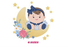 Cargar imagen en el visor de la galería, Baby girl with lace embroidery design - Girl with moon embroidery designs machine embroidery pattern - Moon with flowers embroidery file pes
