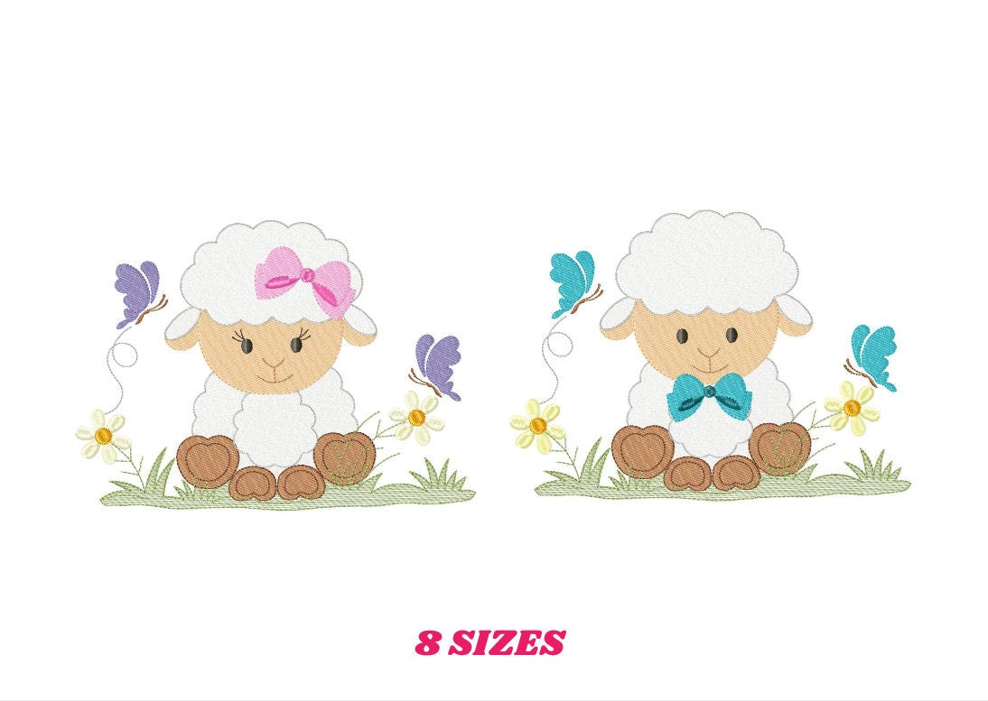 Sheep with lace and bow tie embroidery design - Lamb with flowers machine embroidery pattern - Baby boy and girl file - Instant download pes