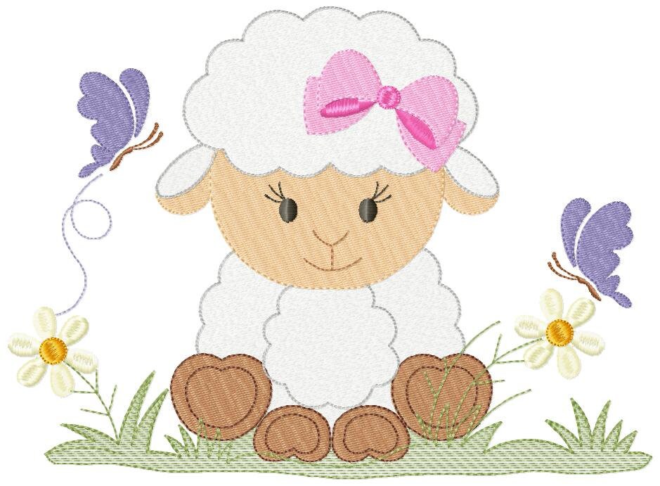 Sheep with lace and bow tie embroidery design - Lamb with flowers machine embroidery pattern - Baby boy and girl file - Instant download pes