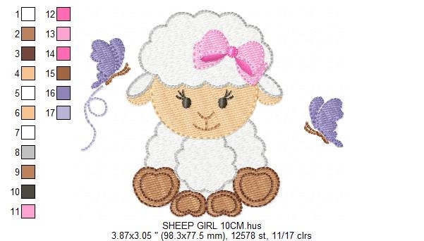 Sheep with lace and bow tie embroidery design - Lamb with flowers machine embroidery pattern - Baby boy and girl file - Instant download pes