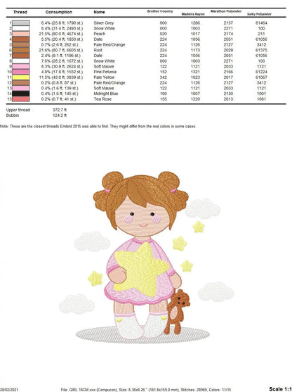 Girl embroidery designs - Girl with star embroidery design machine embroidery pattern - Girl with bear embroidery file - instant download Marcia Embroidery