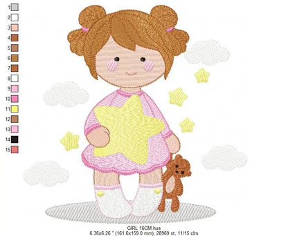 Girl embroidery designs - Girl with star embroidery design machine embroidery pattern - Girl with bear embroidery file - instant download Marcia Embroidery