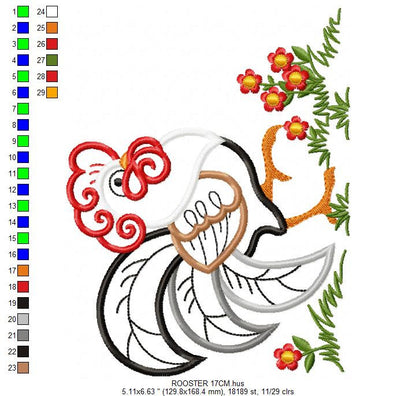 Rooster embroidery designs - Farm animal machine embroidery pattern - Kitchen Towel applique design - Instant digital download pes jef dst
