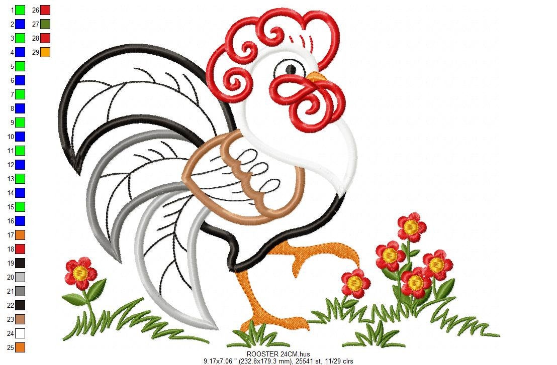 Rooster embroidery designs - Farm animal machine embroidery pattern - Kitchen Towel applique design - Instant digital download pes jef dst