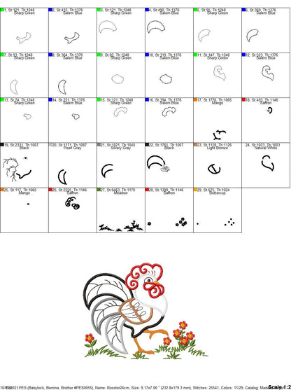 Rooster embroidery designs - Farm animal machine embroidery pattern - Kitchen Towel applique design - Instant digital download pes jef dst