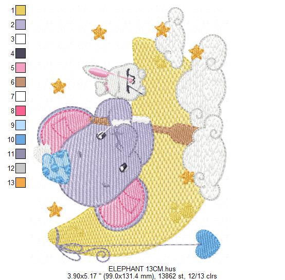 Elephant embroidery designs - Animal embroidery design machine embroidery pattern - Elephant with moon embroidery file - kid embroidery