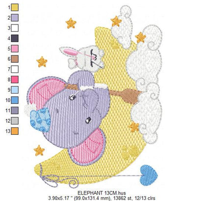 Elephant embroidery designs - Animal embroidery design machine embroidery pattern - Elephant with moon embroidery file - kid embroidery