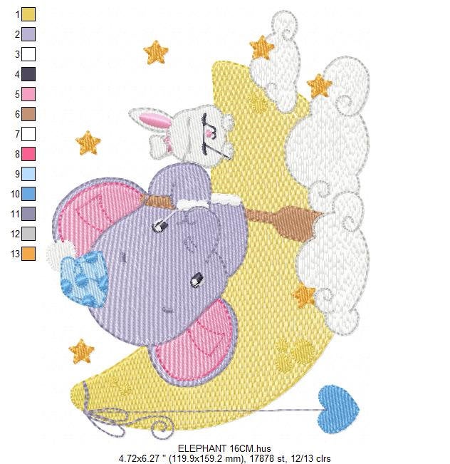 Elephant embroidery designs - Animal embroidery design machine embroidery pattern - Elephant with moon embroidery file - kid embroidery