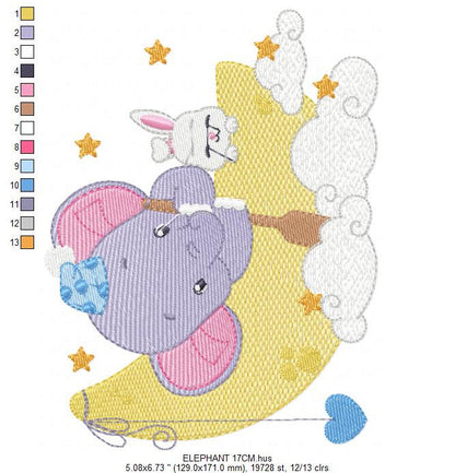 Elephant embroidery designs - Animal embroidery design machine embroidery pattern - Elephant with moon embroidery file - kid embroidery