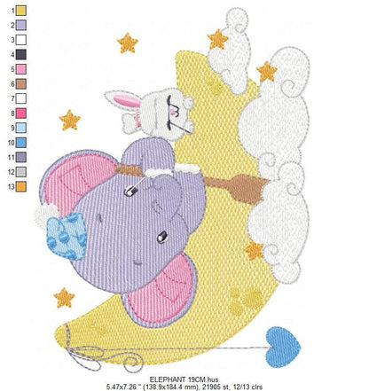 Elephant embroidery designs - Animal embroidery design machine embroidery pattern - Elephant with moon embroidery file - kid embroidery