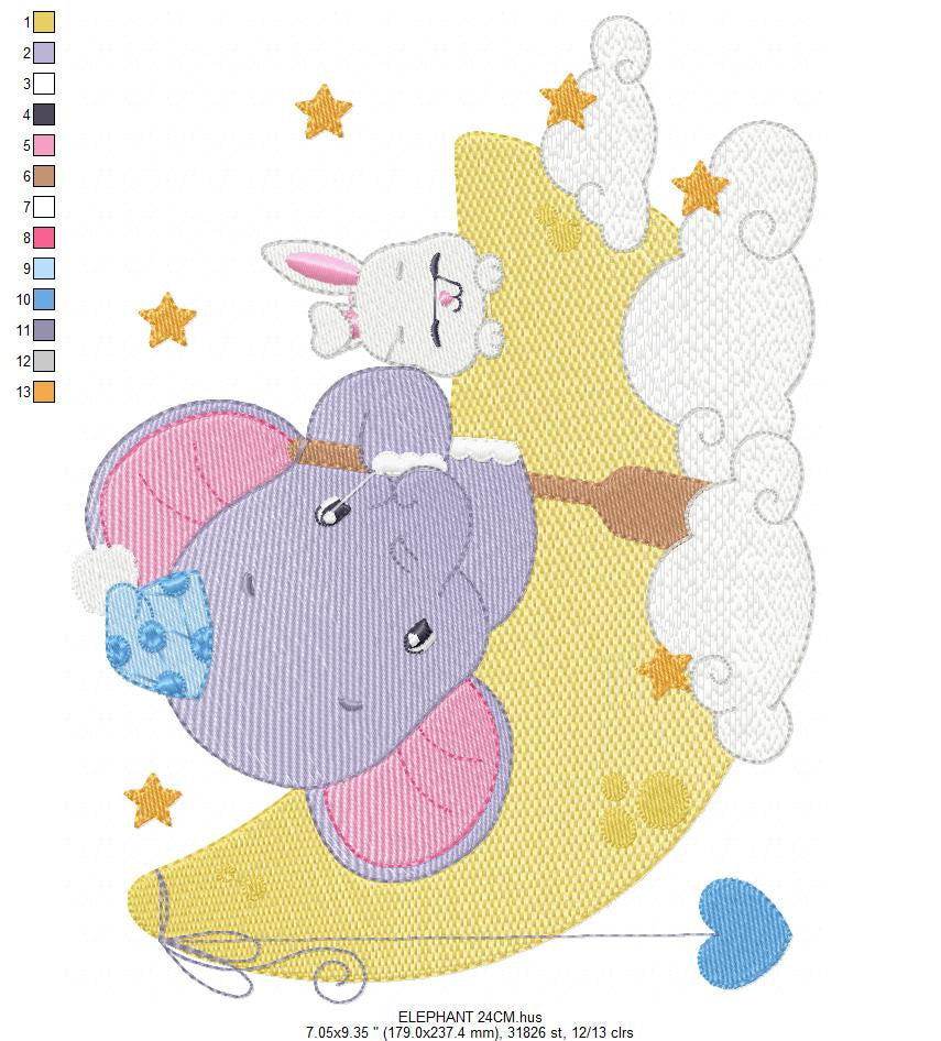 Elephant embroidery designs - Animal embroidery design machine embroidery pattern - Elephant with moon embroidery file - kid embroidery