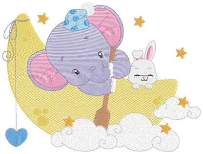 Elephant embroidery designs - Animal embroidery design machine embroidery pattern - Elephant with moon embroidery file - kid embroidery