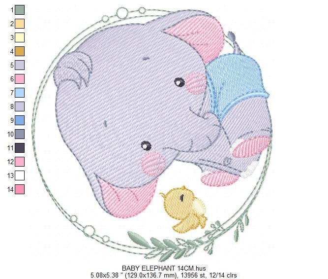 Baby Elephant with frame embroidery designs - Safari wild animal with bird machine embroidery pattern - Baby Boy file - Instant download pes