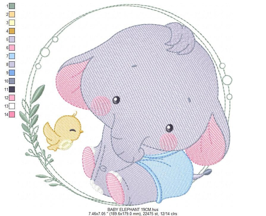 Baby Elephant with frame embroidery designs - Safari wild animal with bird machine embroidery pattern - Baby Boy file - Instant download pes
