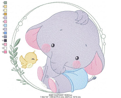 Baby Elephant with frame embroidery designs - Safari wild animal with bird machine embroidery pattern - Baby Boy file - Instant download pes