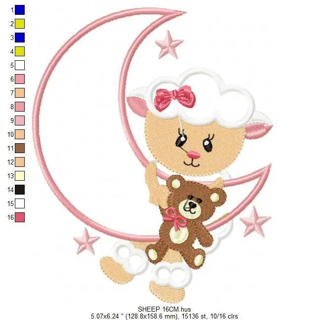 Sheep embroidery design - Half moon embroidery designs machine embroidery pattern - baby girl embroidery file - sheep at moon applique Marcia Embroidery