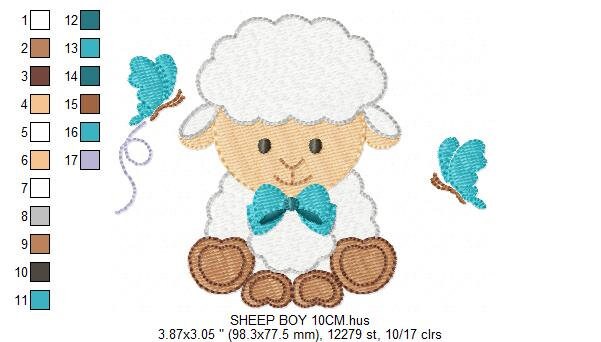 Sheep with lace and bow tie embroidery design - Lamb with flowers machine embroidery pattern - Baby boy and girl file - Instant download pes
