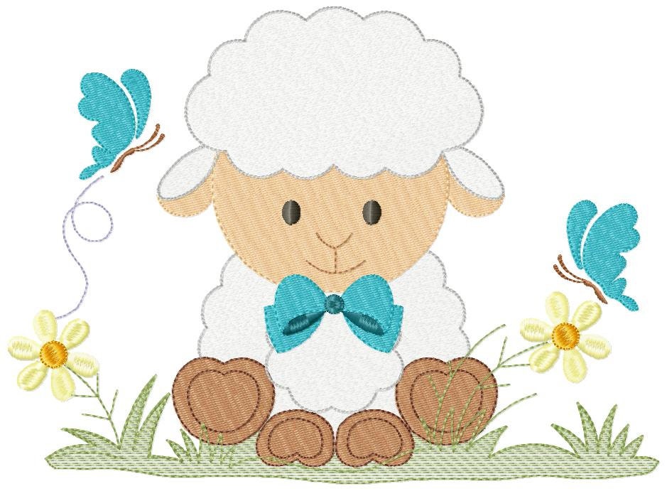 Sheep with lace and bow tie embroidery design - Lamb with flowers machine embroidery pattern - Baby boy and girl file - Instant download pes