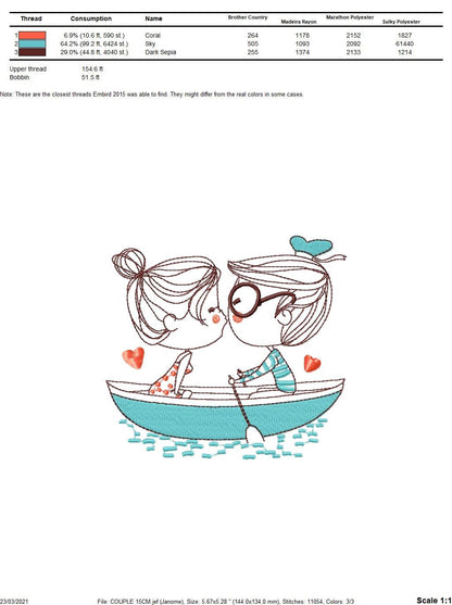 Love Couple embroidery designs - Valentines in a boat machine embroidery pattern - Romance gondula girlfriend boyfriend - Instant download