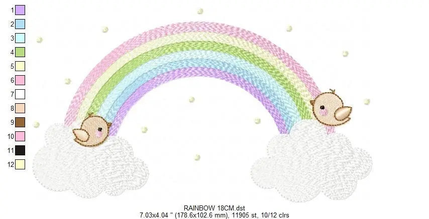 Rainbow with birds embroidery design - Rainbow with clouds machine embroidery pattern - Baby girl file - Instant digital download pes jef Marcia Embroidery