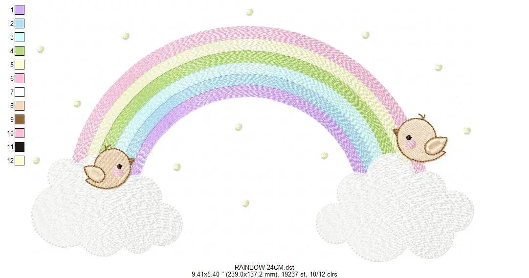 Rainbow with birds embroidery design - Rainbow with clouds machine embroidery pattern - Baby girl file - Instant digital download pes jef Marcia Embroidery