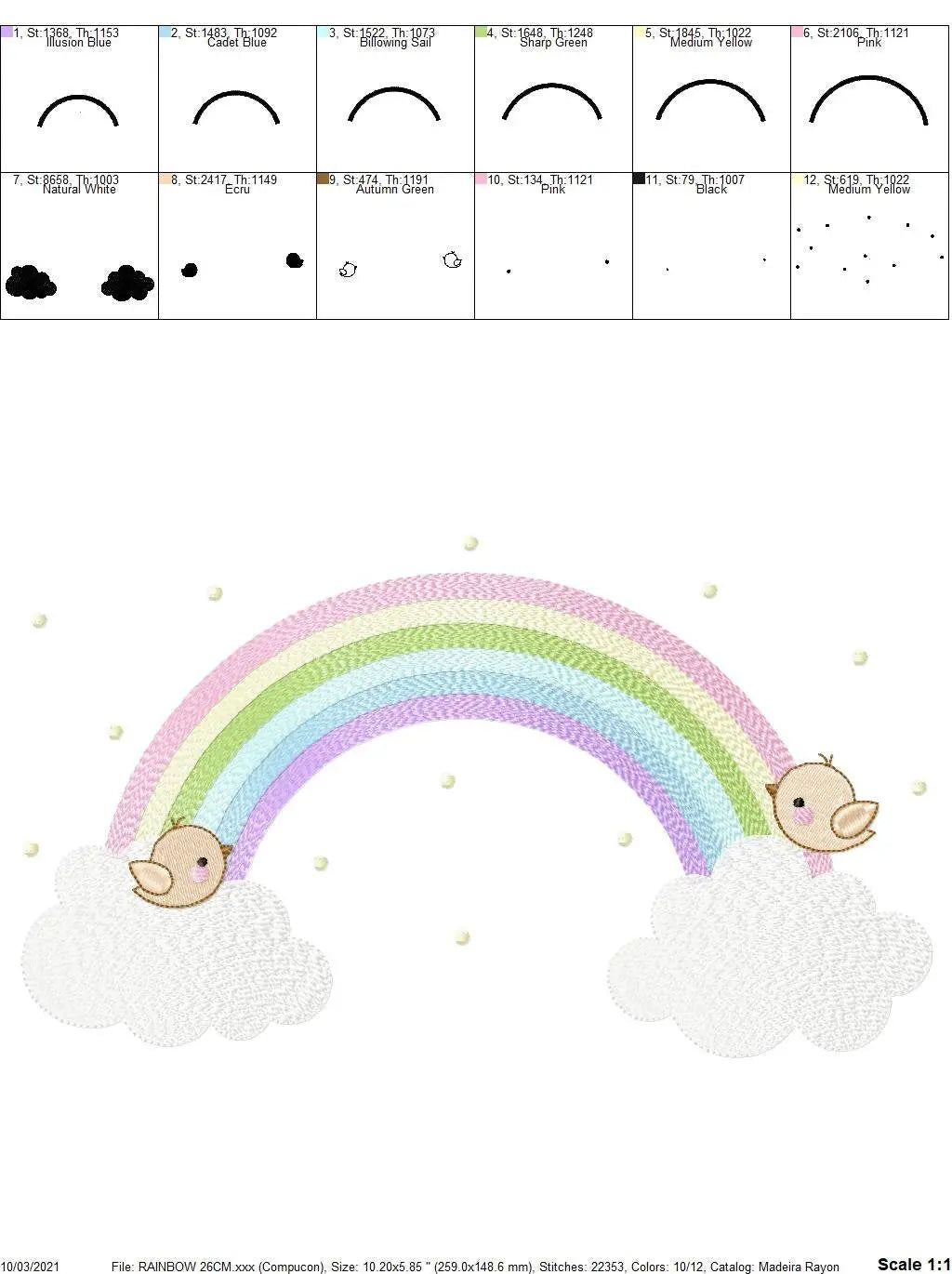 Rainbow with birds embroidery design - Rainbow with clouds machine embroidery pattern - Baby girl file - Instant digital download pes jef Marcia Embroidery