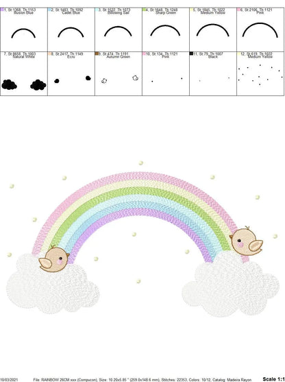 Rainbow with birds embroidery design - Rainbow with clouds machine embroidery pattern - Baby girl file - Instant digital download pes jef Marcia Embroidery