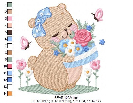 Teddy Bear with flower cake embroidery designs - Bear with bow and flowers embroidery design machine embroidery pattern - Instant download Marcia Embroidery