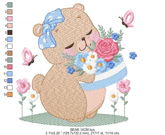 Teddy Bear with flower cake embroidery designs - Bear with bow and flowers embroidery design machine embroidery pattern - Instant download Marcia Embroidery