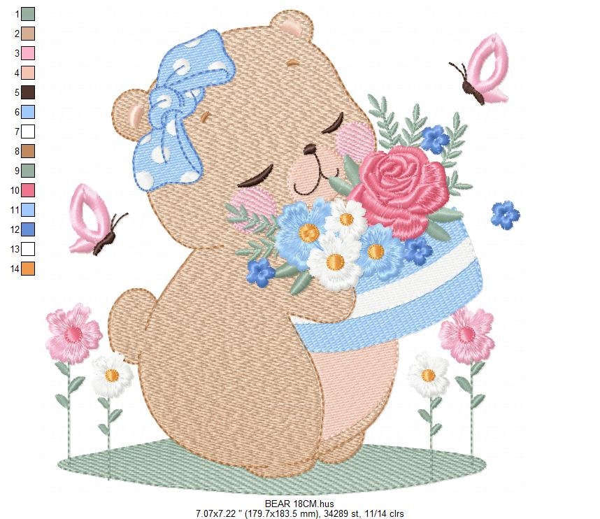 Teddy Bear with flower cake embroidery designs - Bear with bow and flowers embroidery design machine embroidery pattern - Instant download Marcia Embroidery