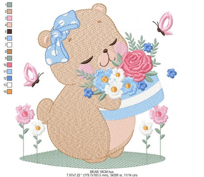 Teddy Bear with flower cake embroidery designs - Bear with bow and flowers embroidery design machine embroidery pattern - Instant download Marcia Embroidery