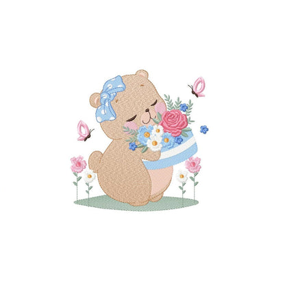 Teddy Bear with flower cake embroidery designs - Bear with bow and flowers embroidery design machine embroidery pattern - Instant download Marcia Embroidery