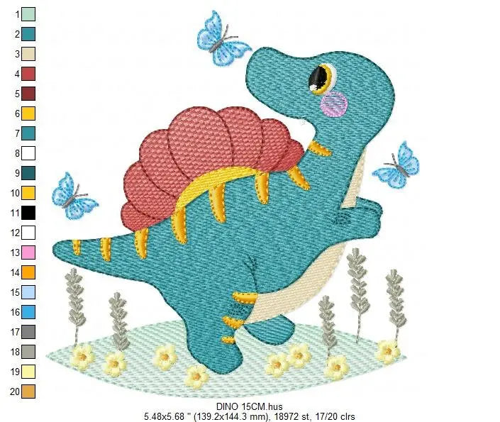 Dinosaur with butterflies embroidery designs - Spinosaurus Dino machine embroidery pattern - Baby boy file - Instant download pes jef dst Marcia Embroidery