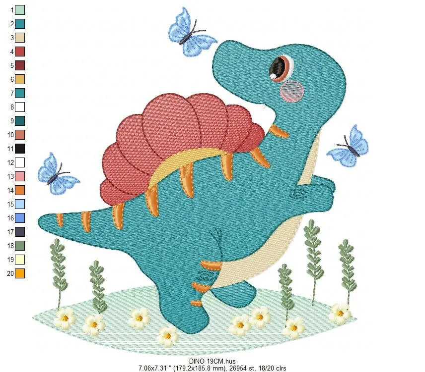 Dinosaur with butterflies embroidery designs - Spinosaurus Dino machine embroidery pattern - Baby boy file - Instant download pes jef dst Marcia Embroidery
