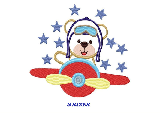Pilot Bear embroidery designs - Plane machine embroidery pattern - Baby boy file - Aviator Bear applique design - Instant digital download