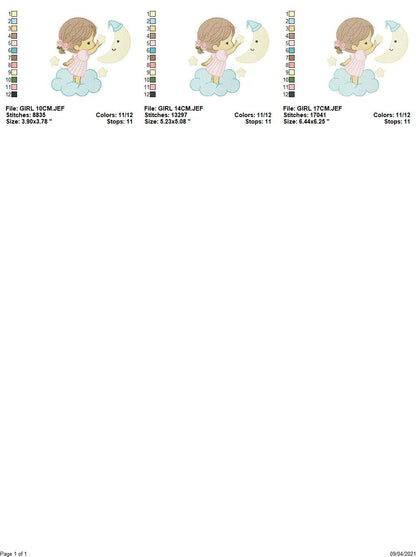 Baby Girl with half moon embroidery designs - Cloud and Moon machine embroidery pattern - Angel with moon file - Instant digital download