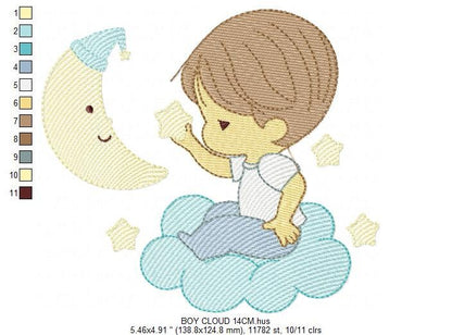 Baby boy with moon and stars embroidery designs - Angel with clouds machine embroidery pattern - Instant digital download pes jef dst hus