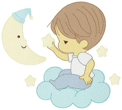 Baby boy with moon and stars embroidery designs - Angel with clouds machine embroidery pattern - Instant digital download pes jef dst hus