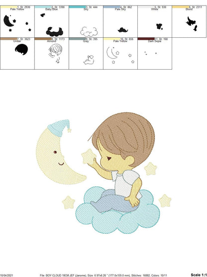 Baby boy with moon and stars embroidery designs - Angel with clouds machine embroidery pattern - Instant digital download pes jef dst hus